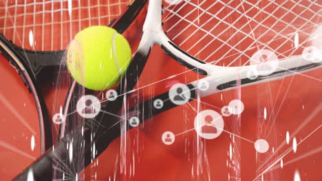 Animation-of-network-of-connections-with-people-icons-over-tennis-ball-and-rackets
