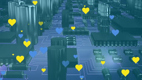 Animation-of-blue-and-yellow-hearts-over-computer-circuit-board