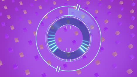 Animation-of-loading-circles-over-moving-3d-cubes-against-purple-background