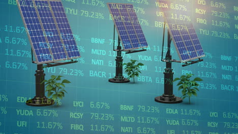 Animation-of-stock-market-data-processing-over-three-solar-panels-and-plant-sampling