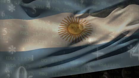 Animación-De-Símbolos-Y-Números-Sobre-La-Bandera-De-Argentina-Contra-El-Tablero-Comercial-En-Segundo-Plano
