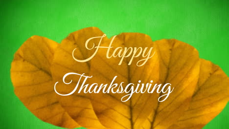 Animation-of-happy-thanksgiving-text-over-autumn-leaves-on-green-background