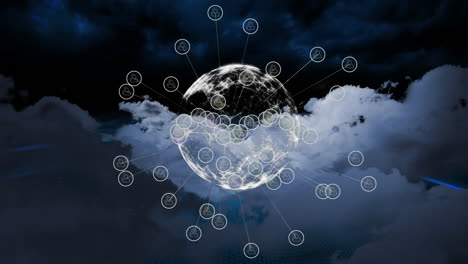 Animation-of-globe-with-network-of-connections-over-sky-with-clouds