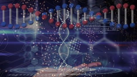 Animation-of-dna-strand-and-hand-over-computer-circuit-board-and-data-processing