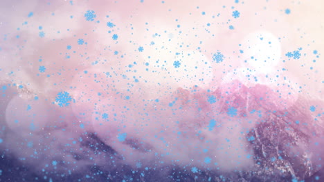 Animation-Von-Blauen-Schneeflocken,-Die-Bei-Nebligem-Wetter-Auf-Berge-Fallen,-Gegen-Linsenreflexionen