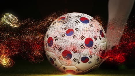Animación-De-La-Bandera-De-Corea-Y-Un-Jugador-De-Fútbol-Pateando-El-Balón-Sobre-Formas.