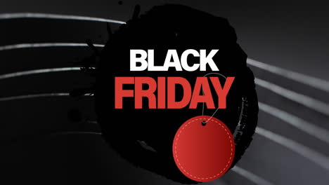 Animation-of-black-friday-text-with-red-tag-over-rolled-up-black-paper-on-black-background