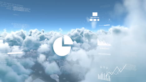Animation-Von-Wolkensymbolen,-Diagrammen-Und-Datenverarbeitung-über-Blauem-Bewölktem-Himmel
