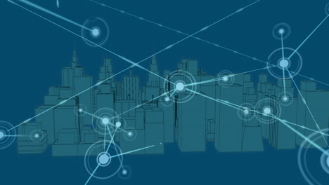 Animation-of-connected-dots-and-rotating-3d-model-of-modern-cityscape-over-blue-background