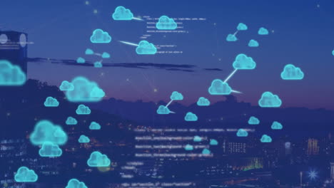 Animation-Von-Wolken-Und-Datenverarbeitung-über-Dem-Stadtbild