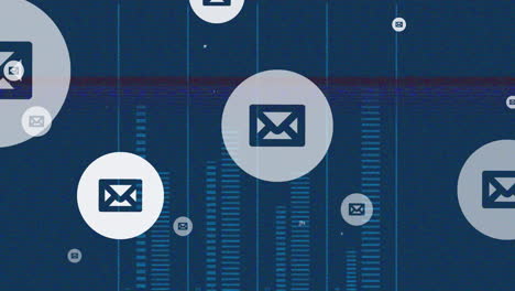 Animation-of-network-of-email-icons-over-glitch-on-blue-background