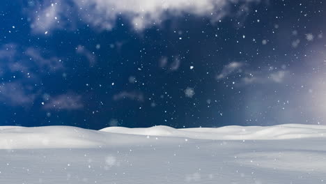 Animation-of-snowflakes-and-snow-falling-over-snow-covered-landscape-against-blue-sky