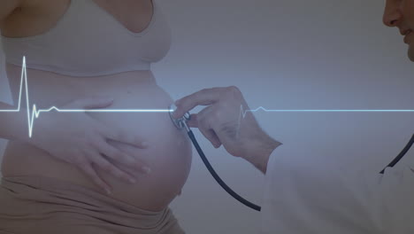 Heartbeat-over-caucasian-male-doctor-using-stethoscope-on-pregnant-belly-of-female-patient