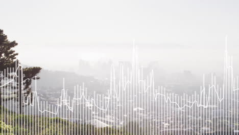 Animation-of-graphs-moving-over-aerial-view-of-silhouette-cityscape-against-sky