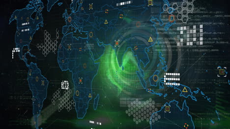 Animación-Del-Mapa-Mundial-Y-Procesamiento-De-Datos-Contra-El-Tic-tac-Del-Reloj-Y-Una-Mancha-De-Luz-Verde