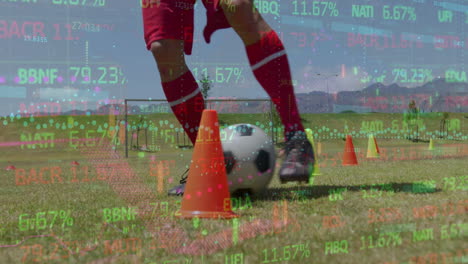 Animation-of-trading-board-moving-over-low-section-of-player-dribbling-ball-between-cones-on-field