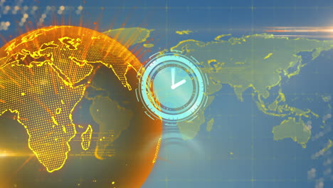 Animation-of-neon-ticking-clock-over-spinning-globe-and-world-map-against-blue-background