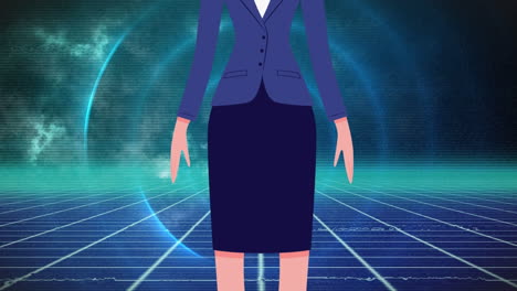 Animation-of-businesswoman-with-face-mask-icon-over-moving-shapes