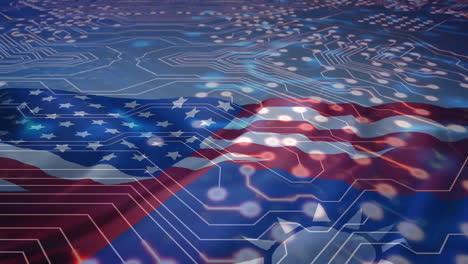 Animation-of-data-processing-and-circuit-board-over-flag-of-taiwan-and-united-states-of-america