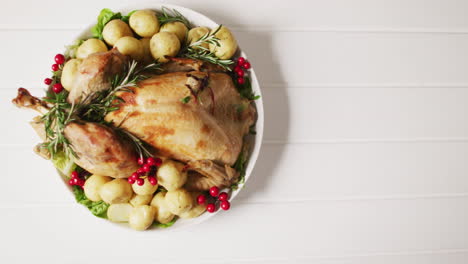 Video-of-tray-with-roasted-turkey-and-potatoes-on-white-surface