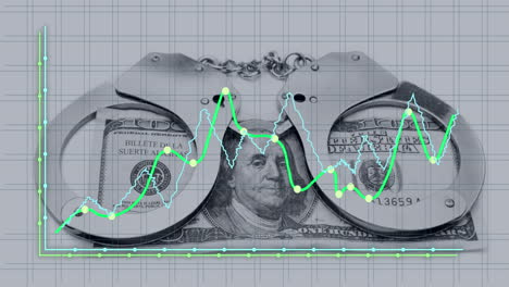 Animation-of-financial-data-processing-over-american-dollar-bill-and-handcuffs