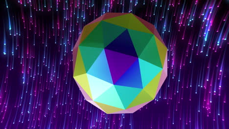 Animation-Einer-Mehrfarbigen-3D-Form-über-Mehrfarbigen-Neonlichtspuren-Im-Hintergrund