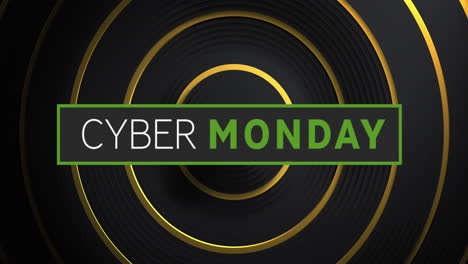 Cyber-monday-text-in-white-and-green-over-concentric-gold-rings-on-black-background