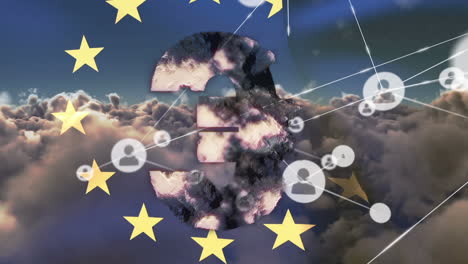 Animation-of-connections,-globe-and-eu-flag-over-clouds