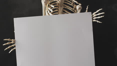 Video-of-close-up-of-halloween-skeleton-holding-white-board-with-copy-space-on-black-background