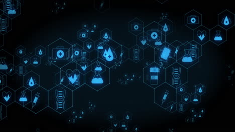 Animation-of-networks-of-blue-medical-icons-moving-on-black-background