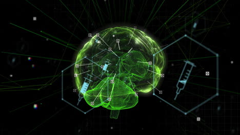 Animation-Des-Menschlichen-Gehirns,-Netzwerk-Medizinischer-Symbole-Und-Datenverarbeitung