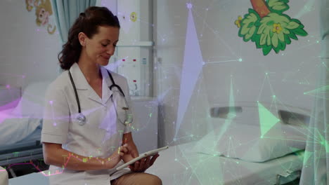 Animation-of-graphs-and-connected-dots,-caucasian-female-doctor-using-digital-tablet-in-hospital