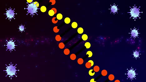 Animation-of-dna-strand-and-falling-cells-over-dark-background