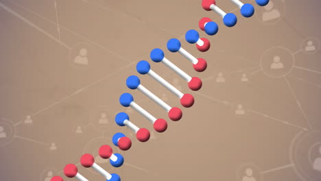 Animation-of-dna-strand-over-network-of-connections-with-icons-on-beige-background