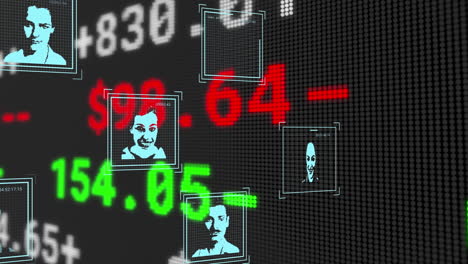 Digital-animation-of-multiple-profile-icons-and-stock-market-data-processing-on-black-background