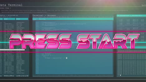 Animation-of-press-start-text-over-neon-lines-and-screens-with-data