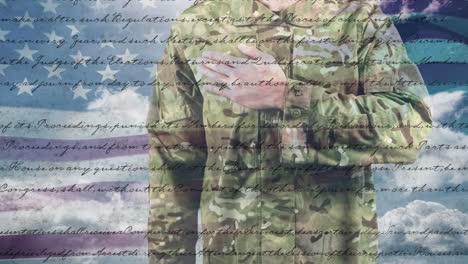 Animation-Von-Text-Und-Himmel-Mit-Wolken-über-Einem-Kaukasischen-Männlichen-Soldaten-Und-Der-Flagge-Der-USA
