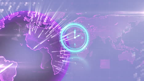 Animation-of-neon-ticking-clock-over-spinning-globe-and-world-map-against-blue-background