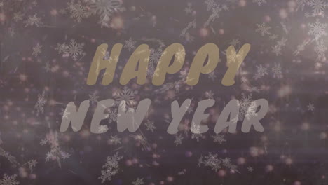 Animation-of-snowflakes-falling-over-happy-new-year-text-against-spots-of-light-on-purple-background