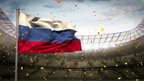 Animation-Von-Konfetti-Und-Stadion-über-Der-Flagge-Russlands
