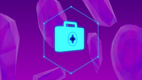 Animation-of-medical-kit-icon-and-body-cells-on-purple-background
