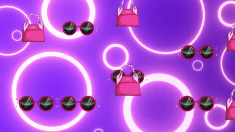 Animation-Von-Handtaschen-Und-Sonnenbrillen-über-Leuchtenden-Kreisen-Auf-Violettem-Hintergrund