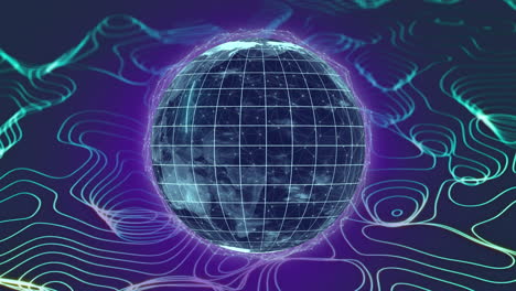 Animation-of-globe-with-network-of-connections-with-purple-glow-and-green-lines-on-black-background