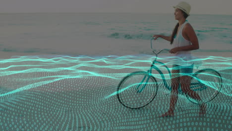 Animation-of-digital-wave-pattern-over-caucasian-woman-with-bicycle-walking-at-seashore