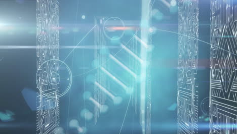 Animation-Der-DNA-Struktur,-Die-Sich-über-Bildschirmen-Mit-Mikroprozessorverbindungen-Auf-Blauem-Hintergrund-Dreht