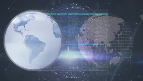 Animation-Eines-Sich-Drehenden-Globus-Und-Lichtflecks-über-Der-Datenverarbeitung-Vor-Blauem-Hintergrund