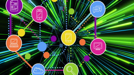 Animation-of-network-of-connections-with-icons-over-green-and-blue-neon-light-trails