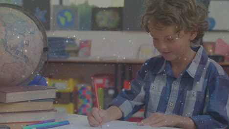Animation-of-spots-over-caucasian-schoolboy-writing