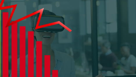 Animation-of-graphs-over-happy-caucasian-woman-in-vr-headset