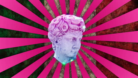 Animation-of-antique-head-sculpture-over-pink-stripes-and-flag-of-italy-background